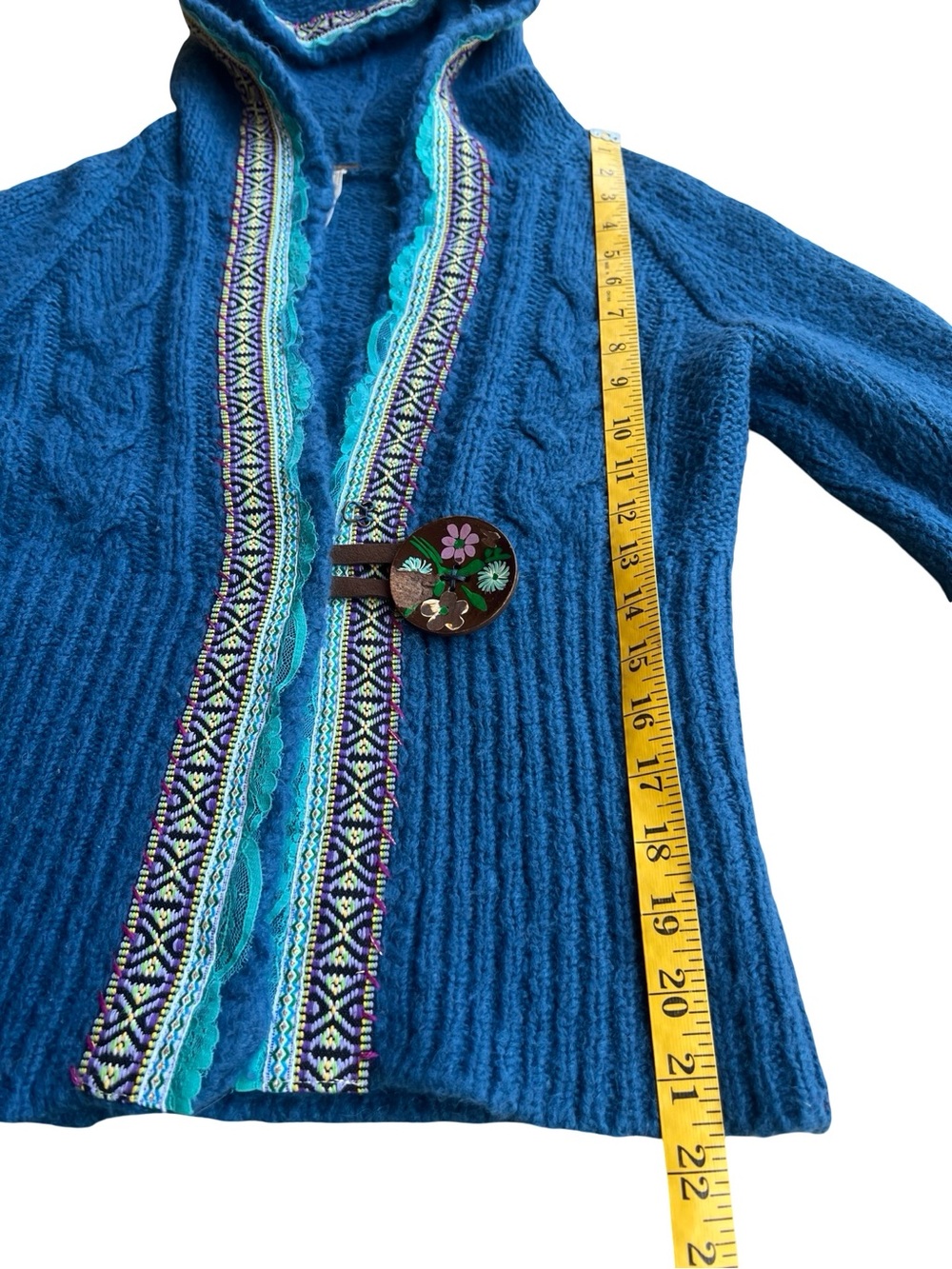 FREE PEOPLE Blue Klara Button Hooded Boho Cardigan Sz M Cozy Artisan Lace Trim - Picture 11 of 13